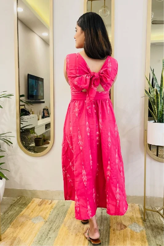 Fuschia Ikat Bow Back Flare Dress