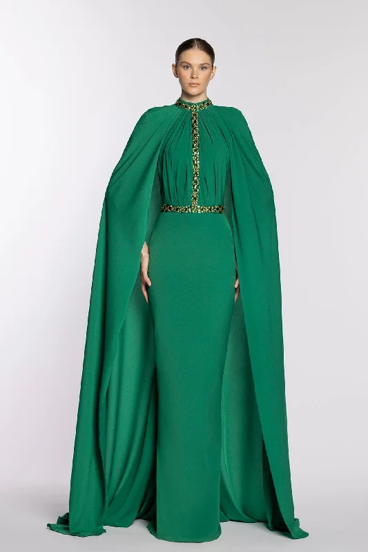 High neck crepe dress with beadings
