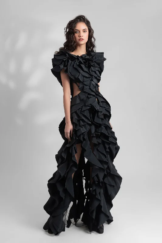 Laser cut ruffled taffeta dress