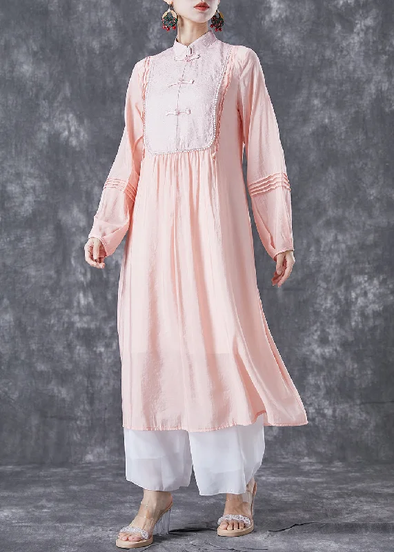 Modern Pink Chinese Button Patchwork Wrinkled Cotton Dress Summer